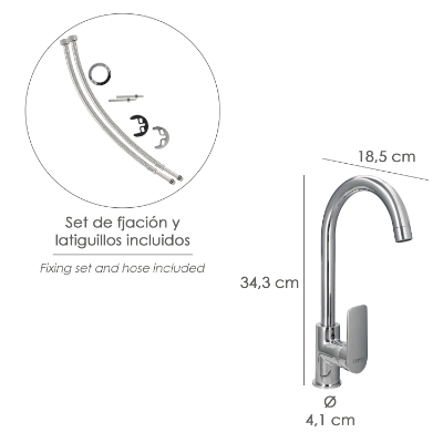 Imagen de Monomando Fregadero Cocina "Hamburgo" Grifo Baño, Grifo Encimera, Grifo Cocina, Grifo Mezclador. Cartucho Ceramico Ø 35 mm.