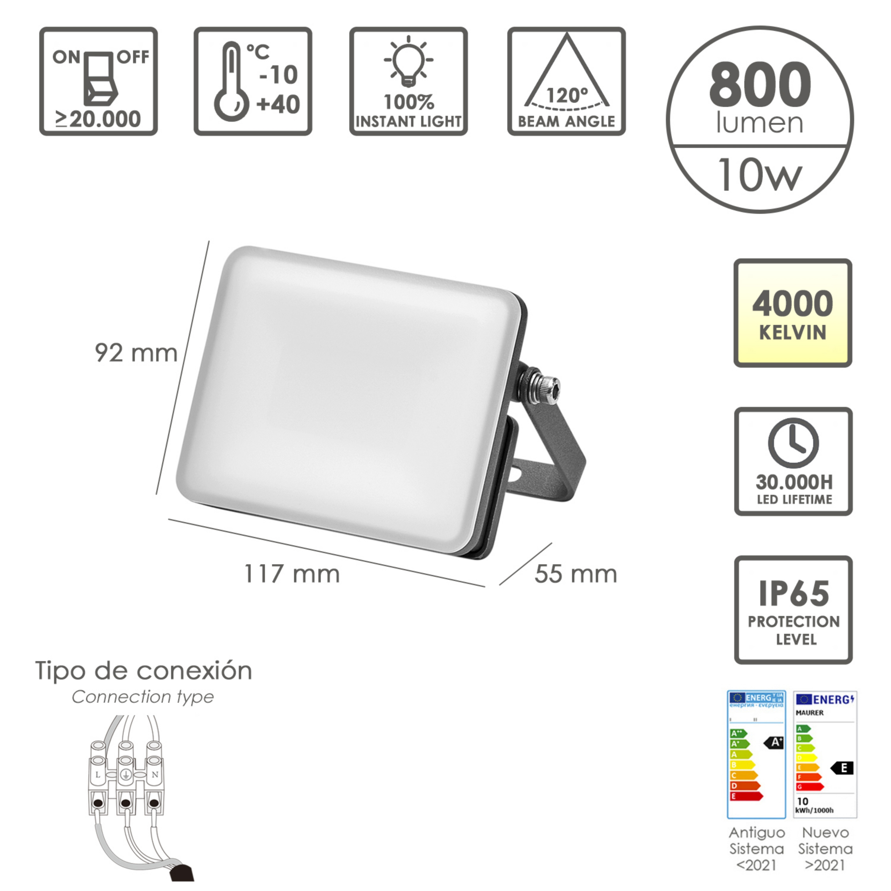 Imagen de Foco Led Plano Potencia 10 Watt.800 Lumenes. Luz blanca 4000ºK Protección IP65. Cuerpo Aluminio. Foco Exteriores / Interiores.