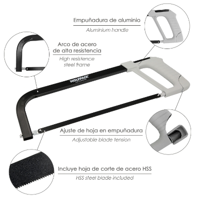 Imagen de Arco Sierra Acero Con Empuñadura de Aluminio Angulo Corte Ajustable. Corta Acero, Aluminio, Madera, Plastico, Cobre