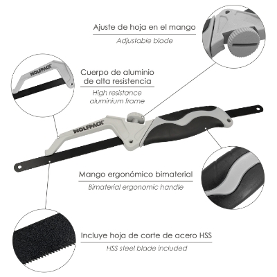 Imagen de Mini Sierra Empuñadura Aluminio Con Hoja 300 mm. Ajustable, Hoja Corte HSS, Serrucho, Segueta, Segueta, Mini Arco Sierra
