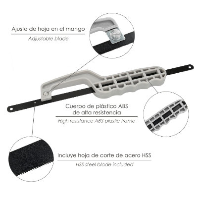 Imagen de Mini Sierra Empuñadura Plastico Con Hoja 300 mm. Ajustable, Hoja Corte HSS, Serrucho, Segueta, Segueta, Mini Arco Sierra