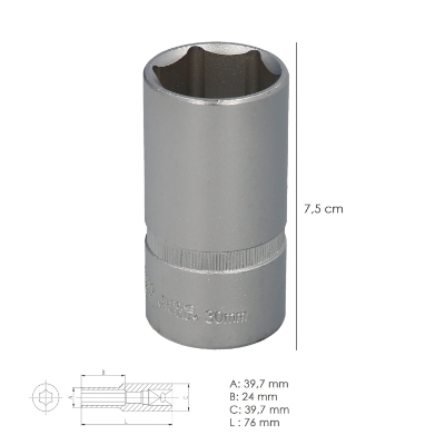 Imagen de Llave Vaso 1/2" Hexagonal Larga 30 mm. Perfil de 6 caras. Acero Cromo Vanadio, Aristas Redondas