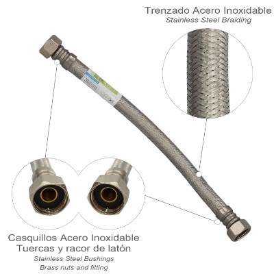 Imagen de Latiguillo Flexible Reforzado Acero Inoxidable Termo Hembra 1/2" - Hembra 1/2" Longitud 300 mm