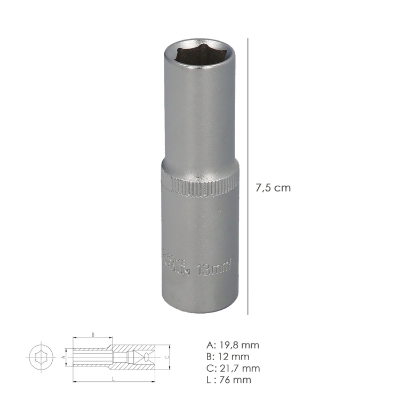 Imagen de Llave Vaso 1/2" Hexagonal Larga 13 mm. Perfil de 6 caras. Acero Cromo Vanadio, Aristas Redondas