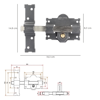 Imagen de Cerrojo b-2 llave 2 lados pasador de 183mm cilindro redondo de 50mm