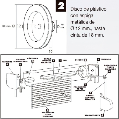 Imagen de Disco Persiana Plastico Espiga Metal 120x40 mm. Cinta 18 mm.