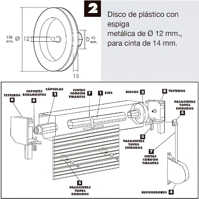 Imagen de Disco Persiana Plastico Espiga Metalica 136x40 mm. Cinta 14 mm.