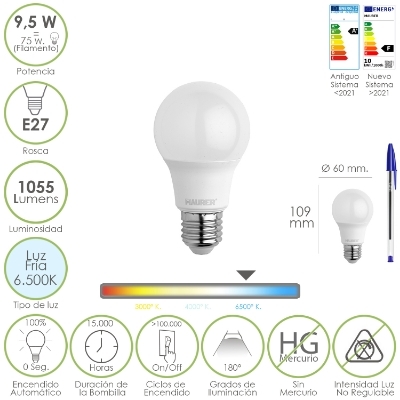 Imagen de Bombilla Led Estandar Rosca E27. 9.5 Watt. Equivale A 75 Watt. 1055 Lumenes. Luz Fría (6500º K.)