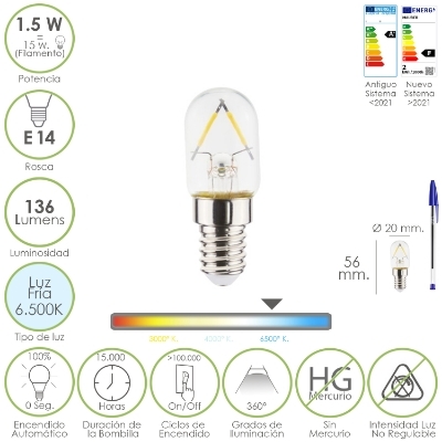 Imagen de Bombilla Led Frigorifico Rosca E14. 1.5 Watt. Equivale A 15 Watt. 136 Lumenes. Luz Fria (6500º K.)