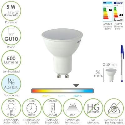 Imagen de Bombilla Led Dicroica Rosca GU10. 5 Watt. Equivale A 30 Watt. 500 Lumenes. Luz Fria (6500º K.)