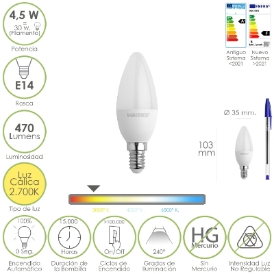 Imagen de Bombilla Led Vela Rosca E14. 4,5 Watt. Equivale A 35 Watt. 470 Lumenes. Luz Cálida (2700º K)