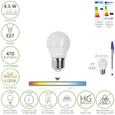 Imagen de Bombilla Led Esferica Rosca E27 4.5 Watt. Equivale A 55 Watt. 470 Lumenes. Luz Neutra (4000º K)