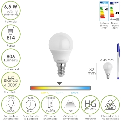 Imagen de Bombilla Led Esfera Rosca E14. 6.5 Watt. Equivale A 50 Watt. 806 Lumenes. Luz Neutra 4000º K.