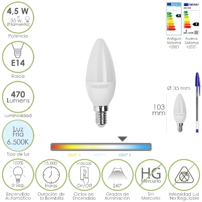 Imagen de Bombilla Led Vela Rosca E14. 4,5 Watt. Equivale A 35 Watt. 470 Lumenes. Luz Fira (6500º K.)