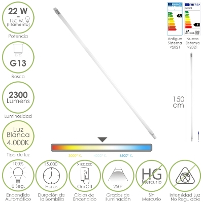 Imagen de Tubo Led T8 150 cm. 22 Watt. Equivale A 150 Watt. 2300 Lumenes. Luz Neutra 4000º K.