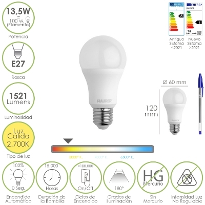 Imagen de Bombilla Led Estandar Rosca E27. 13,5 Watt. Equivale A 100 Watt. 1521 Lumenes. Luz Calida (3000º K.)