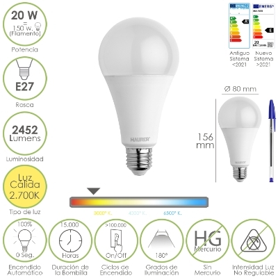 Imagen de Bombilla Led Estandar Rosca E27. 20  Watt. Equivale A 150 Watt. 2452 Lumenes. Luz Calida (3000º K.)