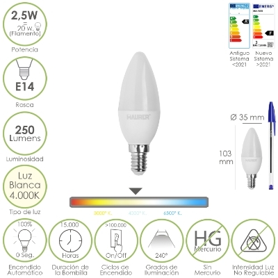 Imagen de Bombilla Led Vela E14. 2,5 Watt. Equivale A 20 Watt. 250 Lumenes. Luz Neutra 4.000º K.