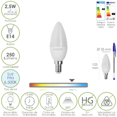 Imagen de Bombilla Led Vela E14. 2,5 Watt. Equivale A 20 Watt. 250 Lumenes. Luz Fria 6500º K.