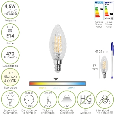 Imagen de Bombilla Led Filamento Vela Twist. E14. 4,5 Watt. Equivale A 35 Watt. 470 Lumenes. Luz Neutra 4000º K.