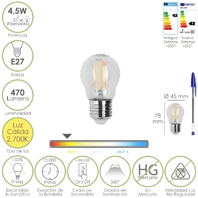 Imagen de Bombilla Led Filamento Esfera Rosca E27. 4,5 Watt. Equivale A 35 Watt. 470 Lumenes. Luz Calida 2700º K.