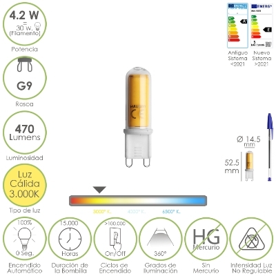 Imagen de Bombilla Led Rosca G9. 4.2 Watt. Equivale A 15 Watt. 470 Lumenes. Luz Calida (3000º K.)