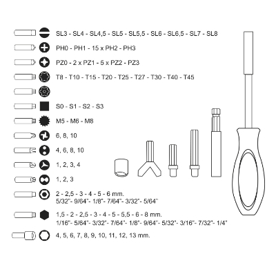 Imagen de Juego Puntas con Destornillador 1/4" 122 Pzs. Con Apadtador. Cromo Vanadio, Kit Llave Combinada, Kit Carraca,