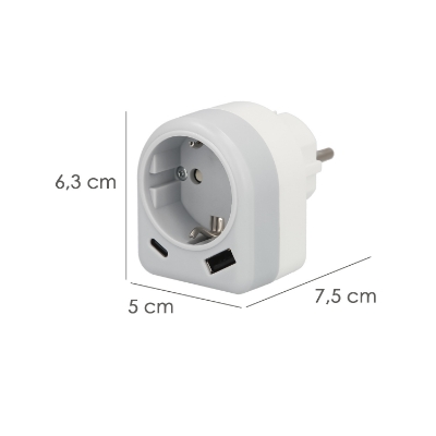 Imagen de Enchufe / Adaptador Schuko Con 2 Tomas, USB A / C. Potencia Maxima 3680 W. Cargador Moviles, Cargador 2 Tomas, Adaptador Moviles