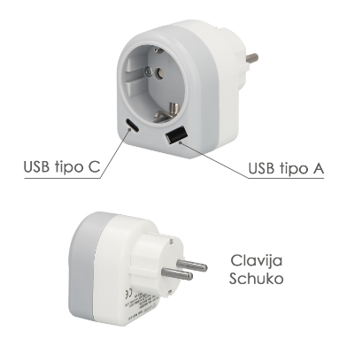 Imagen de Enchufe / Adaptador Schuko Con 2 Tomas, USB A / C. Potencia Maxima 3680 W. Cargador Moviles, Cargador 2 Tomas, Adaptador Moviles