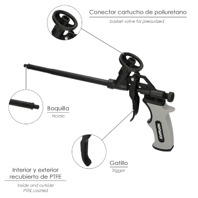 Imagen de Pistola Para Espuma Poliuretano Recubriemiento Integro PTFE  (Interior y Exterior) Pistola Calafatear, Rellenar, Sellar