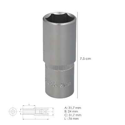 Imagen de Llave Vaso 1/2" Hexagonal Larga 24 mm. Perfil de 6 caras. Acero Cromo Vanadio, Aristas Redondas