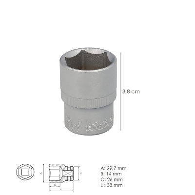 Imagen de Llave Vaso 1/2" Hexagonal 22 mm. Perfil de 6 caras. Acero Cromo Vanadio, Aristas Redondas