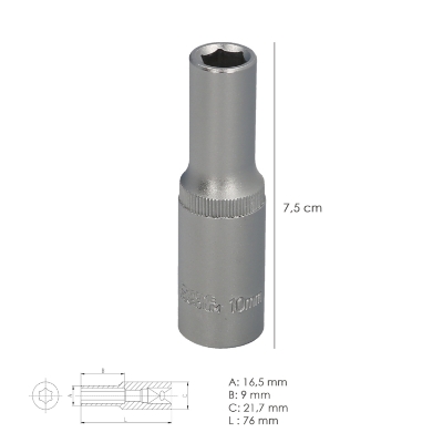 Imagen de Llave Vaso 1/2" Hexagonal Larga 10 mm. Perfil de 6 caras. Acero Cromo Vanadio, Aristas Redondas