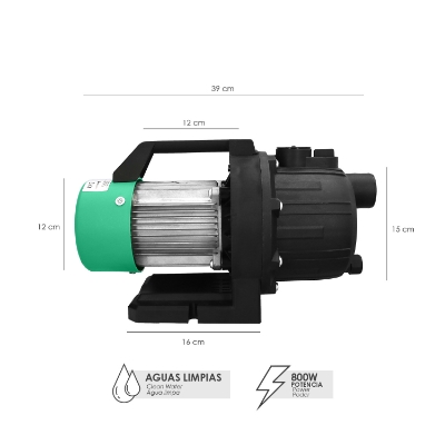 Imagen de Bomba Aguas Limpias Superficie 800 W. 3.200 lts/hora, Profundidad 8 Mts, Elevación 40 mts. Presion Max: 4,0 Bares