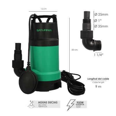 Imagen de Bomba Aguas Sucias Sumergible 950 W. 14.000 lts/hora, Profundidad 7 Mts, Elevación 10 mts. Particulas max. Ø 30 mm.