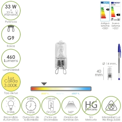 Imagen de Bombilla Halogena G-9 33 W. 460 lumenes. Luz cálida (3.000ºK)