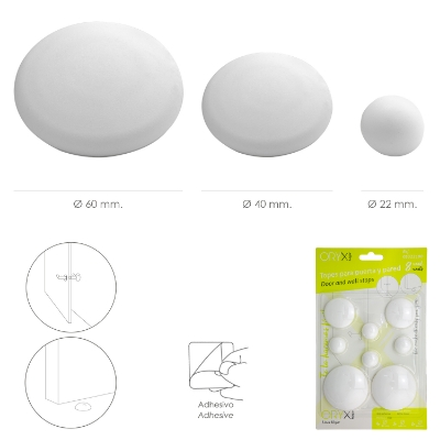 Imagen de Topes Adhesivos para Paredes / Puertas / Ventanas / Mobiliario 2 x Ø 60 mm. / 2 x 40 mm. / 4 x 22 mm. (Blister 8 piezas)