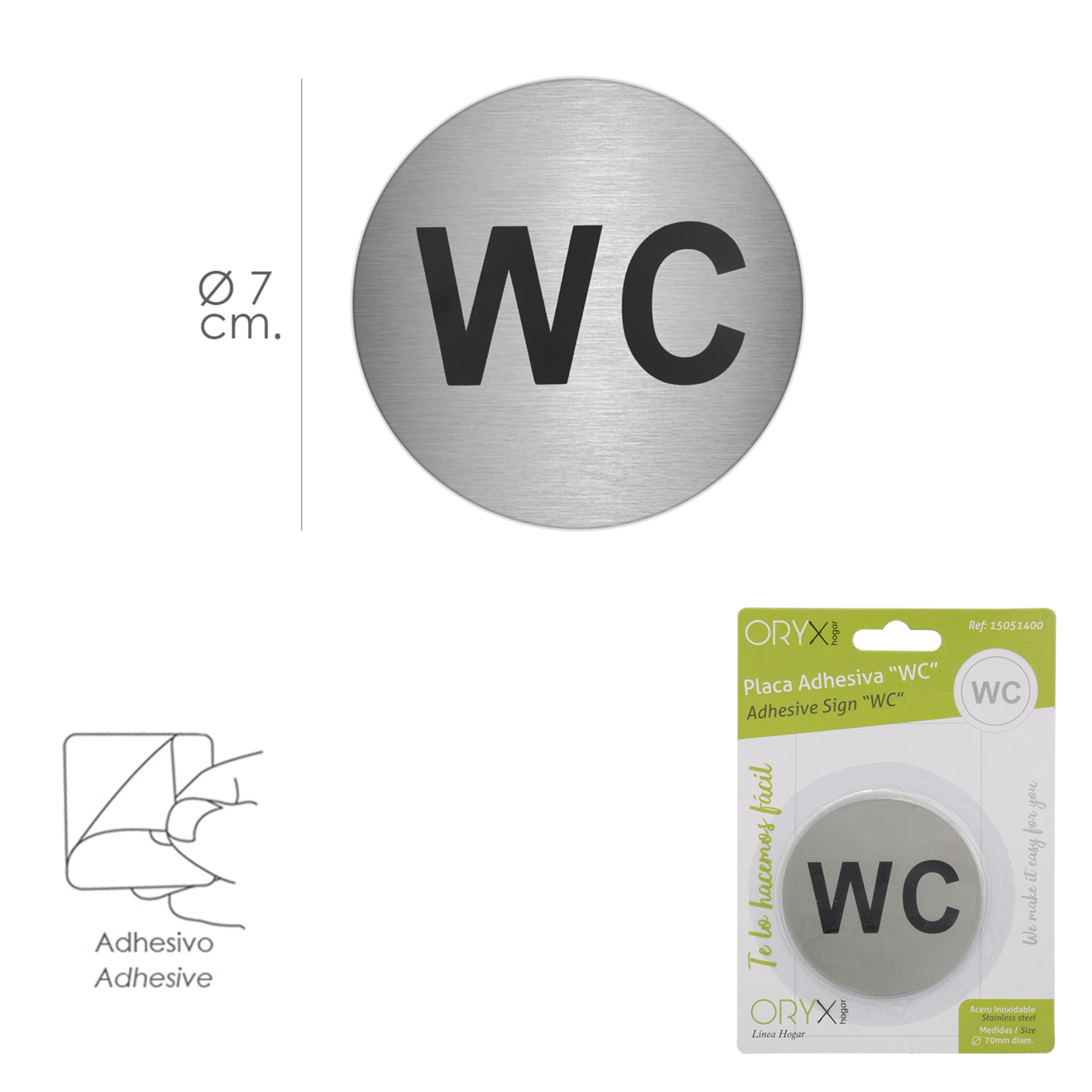 Imagen de Placa Adhesiva "WC" Acero Inoxidable Ø 7 cm.