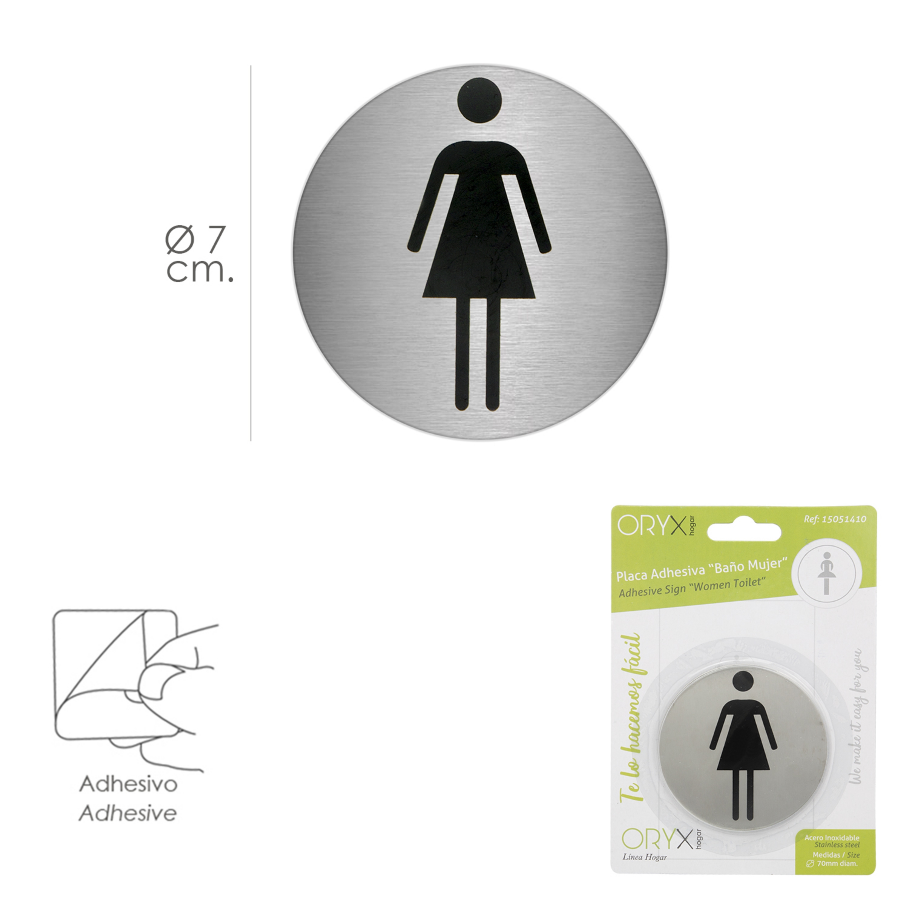 Imagen de Placa Adhesiva Baño "Mujer" Acero Inoxidable Ø 7 cm.