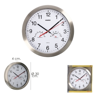 Imagen de Reloj De Pared Ø 30 cm. Con Higrometro y Termometro. Frontal En Acero