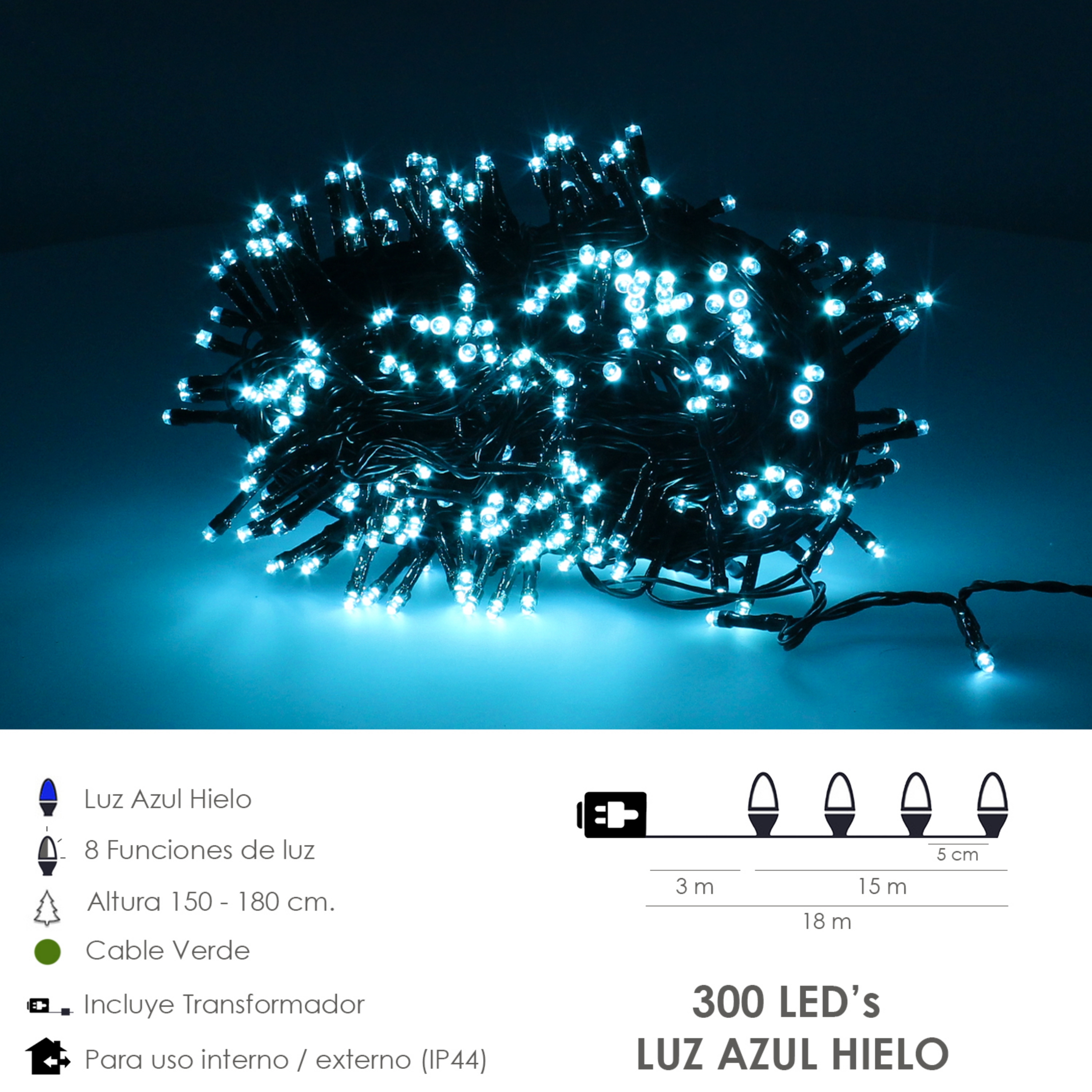 Imagen de Guirnalda Luces Navidad 300 Leds Color Azul Hielo. Luz Navidad Interiores y Exteriores Ip44