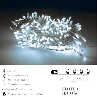 Imagen de Guirnalda Luces Navidad 300 Leds Color Blanco Frio Luz Navidad Interiores y Exteriores Ip44. Cable Transparente.