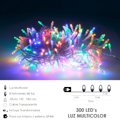 Imagen de Guirnalda Luces Navidad 300 Leds Color Multicolor. Luz Navidad Interiores y Exteriores Ip44. Cable Transparente.