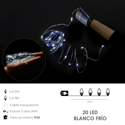 Imagen de Luces Navidad Guirnalda Led con Tapon 20 Microled Blanco Frio IP20. A Pilas 3 LR44 (Si Incluidas)