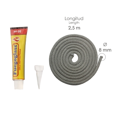 Imagen de Kit Reparacion Estufas/Chimeneas, Cola Refractaria y Cordon Fibra Vidrio 8 mm. x 2,5 m.