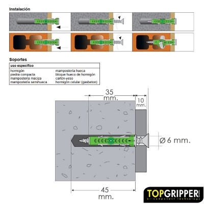 Imagen de Taco Topgripper Bimaterial Ø 6 mm. (Caja 150 unidades) Taco Anclaje Universal, Taco Hormigon, Taco Pladur, Taco Ladrillo