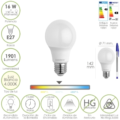 Imagen de Bombilla Led Estandar Rosca E27. 16 Watt. Equivale A 130 Watt. 1901 Lumenes. Luz Blanca 4000º K.)