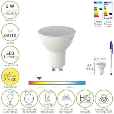 Imagen de Bombilla Led Dicroica Rosca GU10. 5 Watt. Equivale A 30 Watt. 500 Lumenes. Luz Cálida (2700º K)