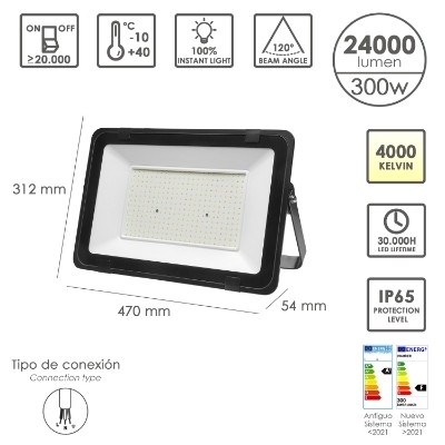 Imagen de Foco Led Plano Potencia 300 Watt. 24000 Lumenes. Luz blanca 4000ºK Protección IP65. Cuerpo Aluminio. Foco Exteriores/Interiores