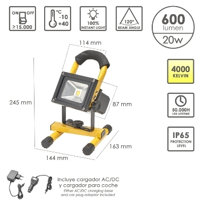 Imagen de Foco Led 20 Watt. Luz Blanca 4000º K IP 65 600 Lumenes Con Asa de Transporte, Proyector Led Con Asa, Foco Led Trabajo